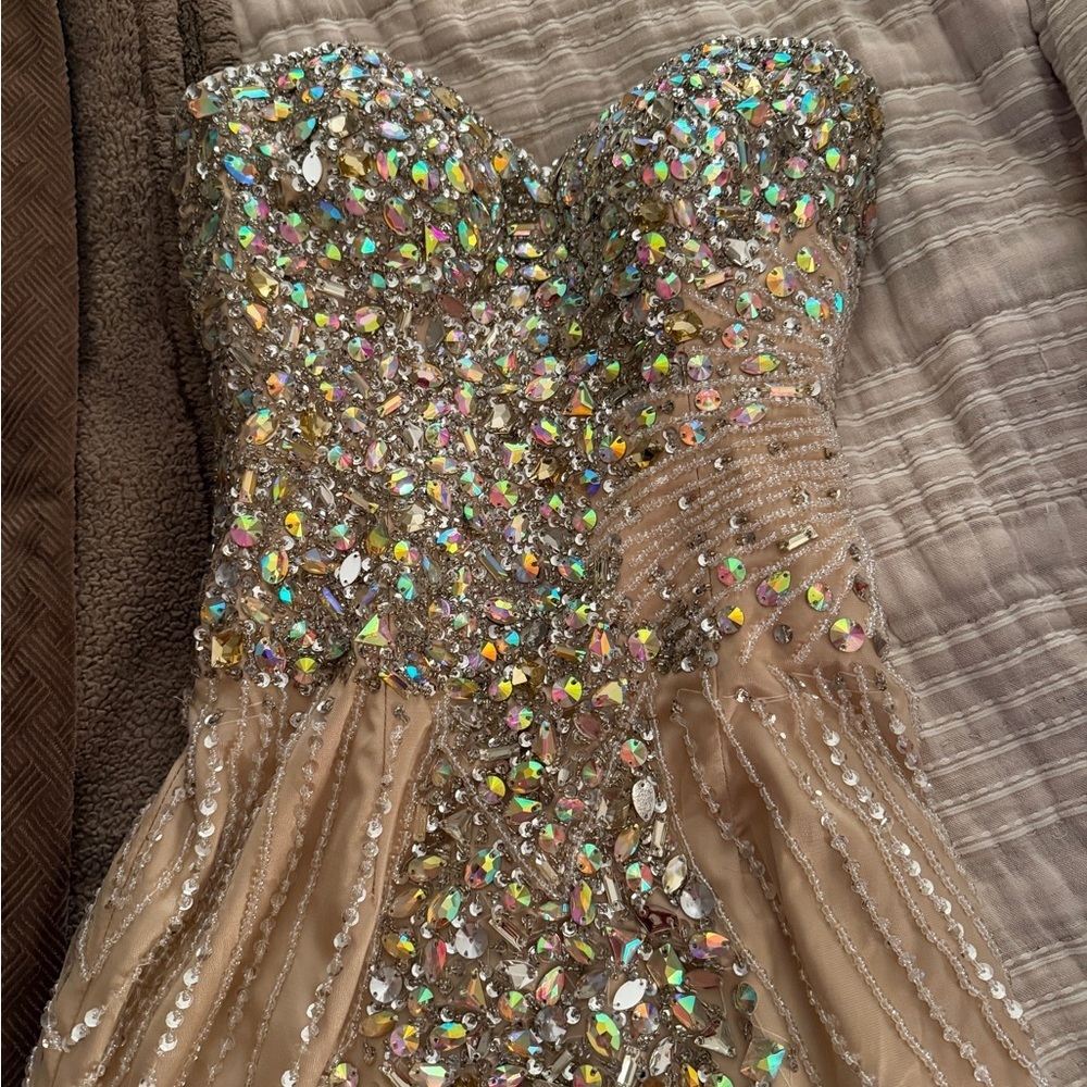 Stunning Strapless Beaded Rhinestone Mermaid Evening Gown - Picture 4 of 15
